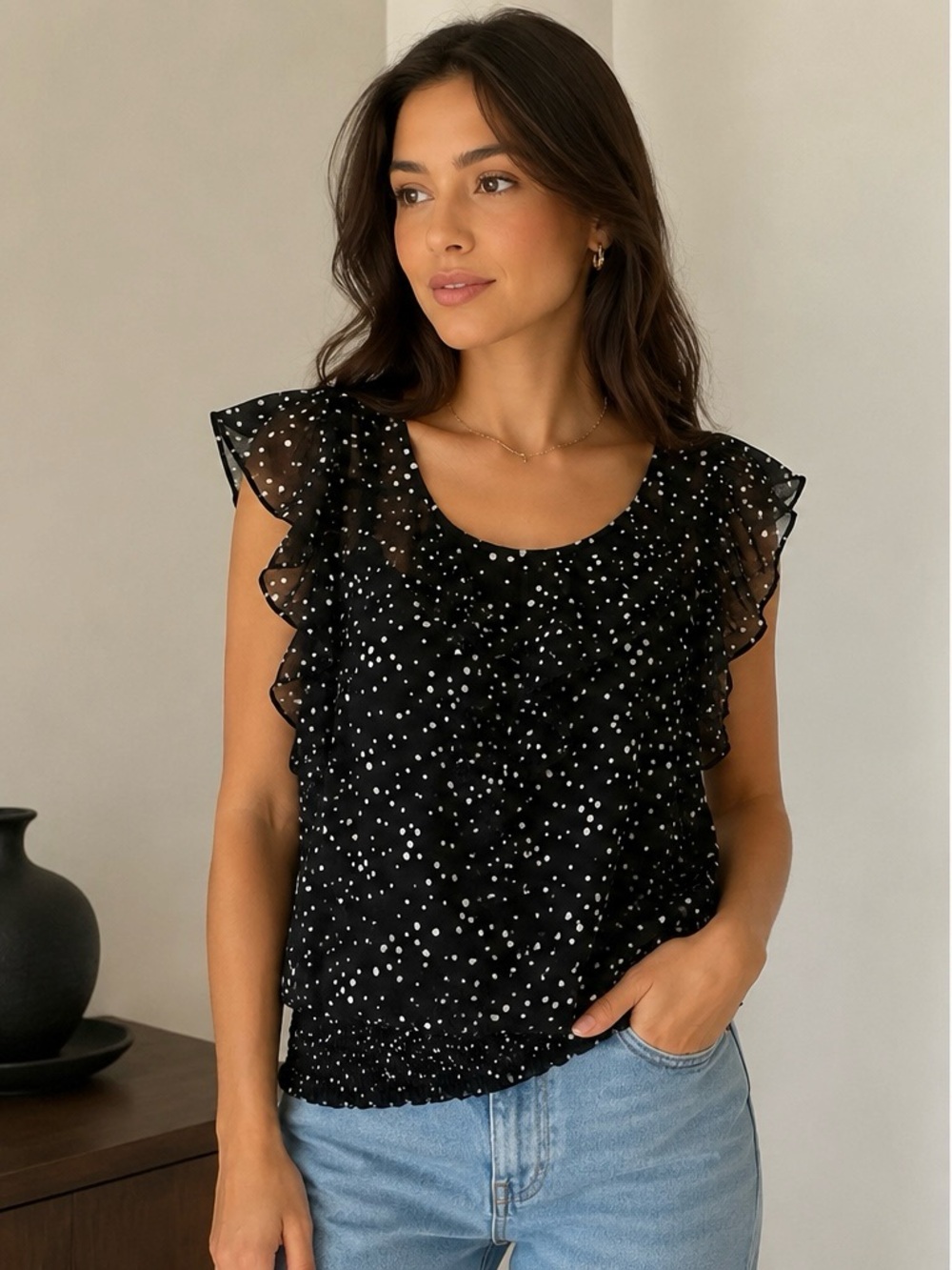 Express Black and White Polka Dot Ruffle Sleeve Blouse